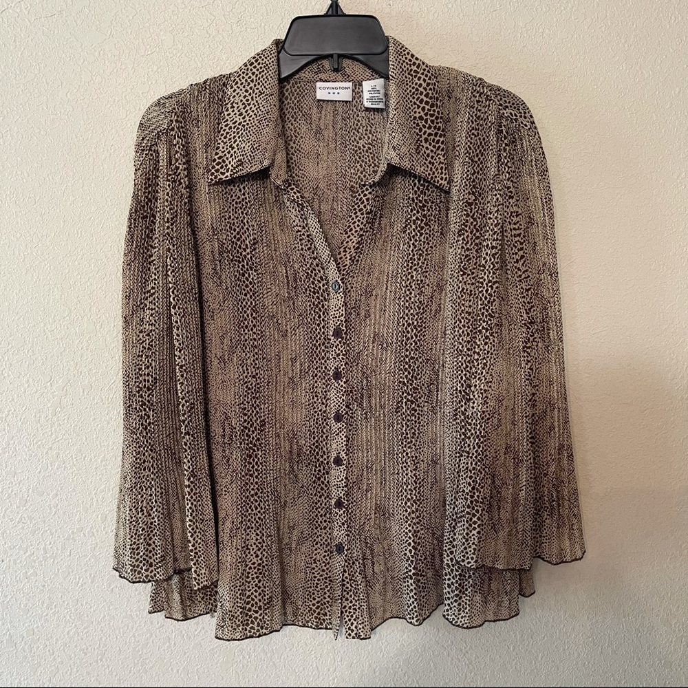 Covington animal print pleated button down blouse
